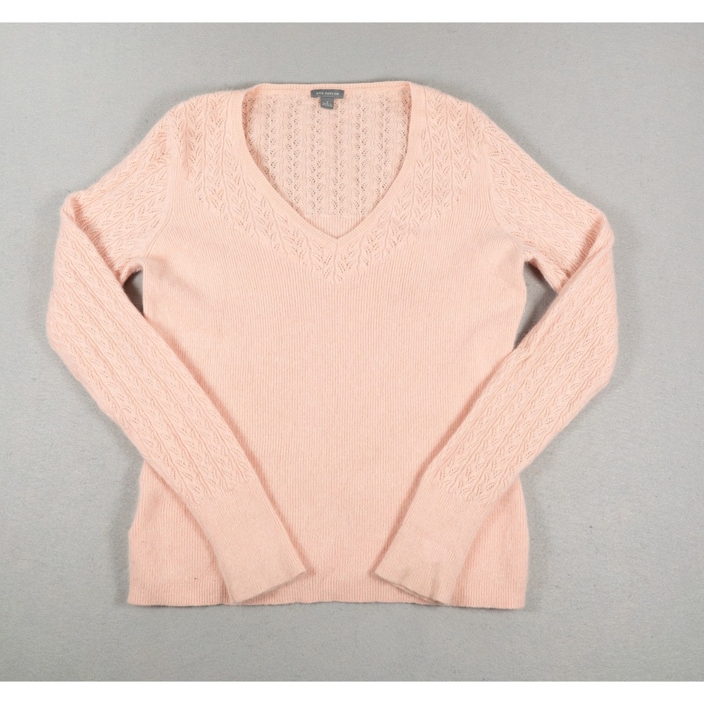Ann Taylor Womens V-Neck Sweater Pointelle Angora Wool Blend Peach Small Soft